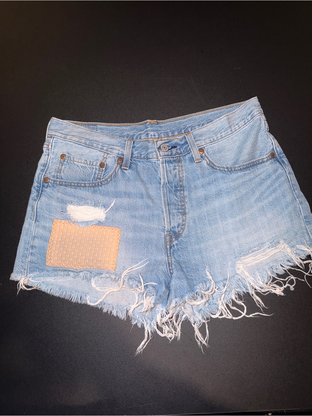 Light Blue Distressed High-Rise Denim Cutoff Shorts with Patch